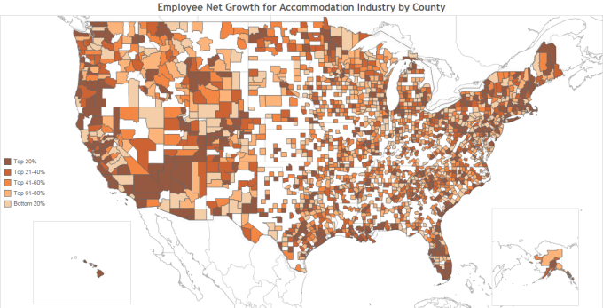 Employee Net Change for Accommodation Industry by County