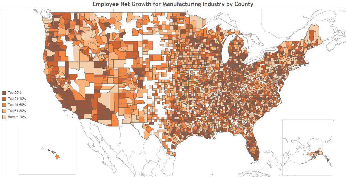 Employee Net Growth for Manufacturing Industry by County to post