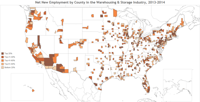 Employee Net Growth for Warehousing & Storage Industry by County