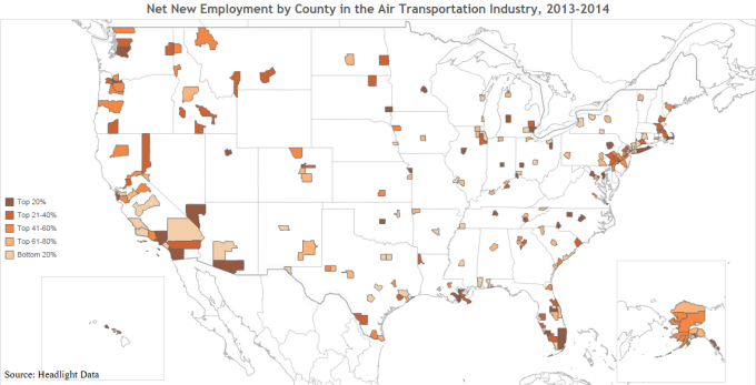 Net New Employment by County in the Air Transportation Industry, 2013-2014