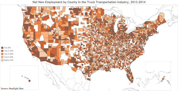 Net New Employment by County in the Truck Transportation Industry, 2013-2014